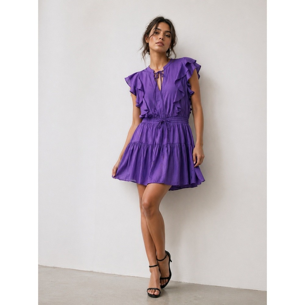 Avara Womens Boho Ruffle Flutter Sleeve Tiered Mini Dress Purple XL New
